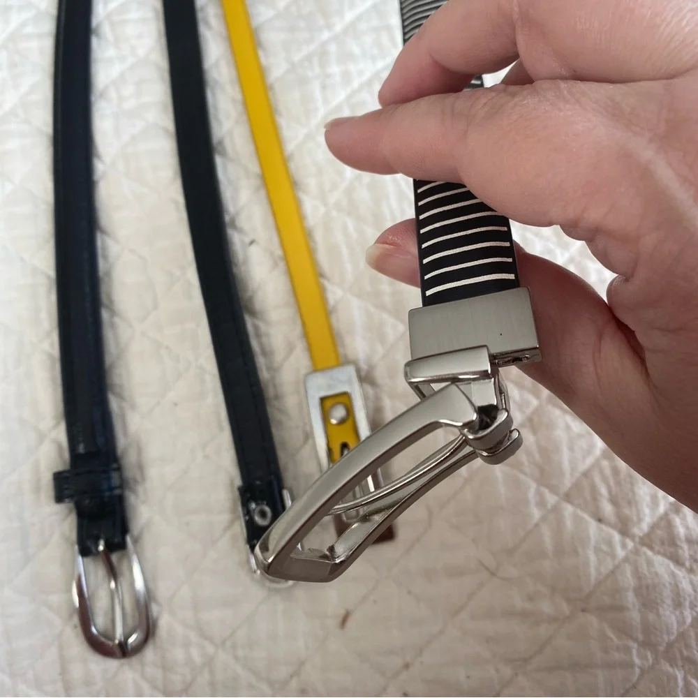 Bundle of 4 Classic Skinny Belts black, striped, yellow silver-tone buckle 30”
